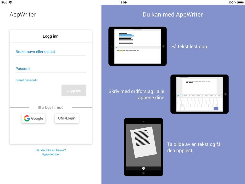 AppWriter ipad bru kerveiledning Installasjon Finn AppWriter i App Store og installer den på ipaden. Når AppWriter er installert, åpner du den ved å trykke på AW-ikonet på skrivebordet.