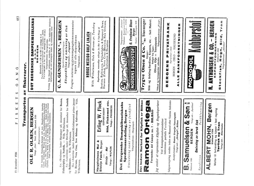 5 desember 926 F S K E T S _~O_A_~N_O 48_3 OLE ~. OLSEN, BE~GEN Telegr. Oro". Telef. 3700. Sped.avd. 2'20 Representerer: Det forenede DampskbsSelskab AlS ncl.