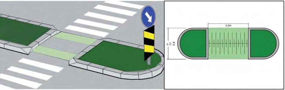 13 Trafikkøyer Kryssinger av trafikkøy eller midtdeler utføres med en lysåpningsbredde på 3,5 m med et dekke i plan. Trafikkøy og midtdeler utformes med en bredde (b) 2 m.