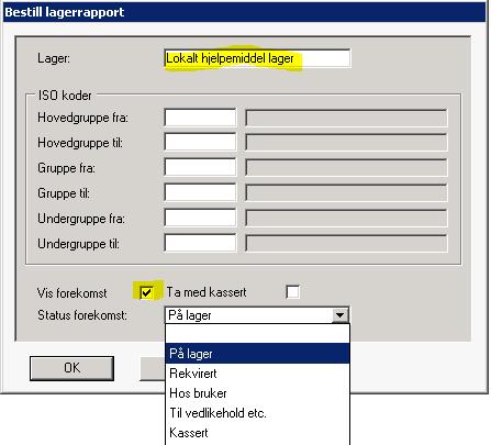 7.0 Rapporter knyttet til lager/tekniske hjelpemidler Under valget rapporter i modulen