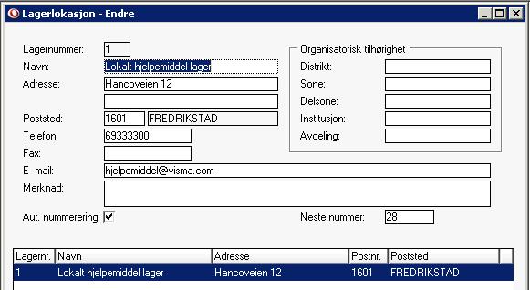 3.0 Opprette lagerlokasjon I hjelpemiddelmodulen velger du fra rullegardinmenyen: Lager -> Lagerlokasjon For å starte registrering av lokalt hjelpemiddellager, klikk på Sett inn ny rad.