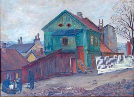 DET GRØNNE HUS PÅ ENERHAUGEN Det grønne hus på Enerhaugen (1923). Olje på treplate, 50 x 61 cm, signert og datert nede til høyre: A. C. Svarstad 1923.