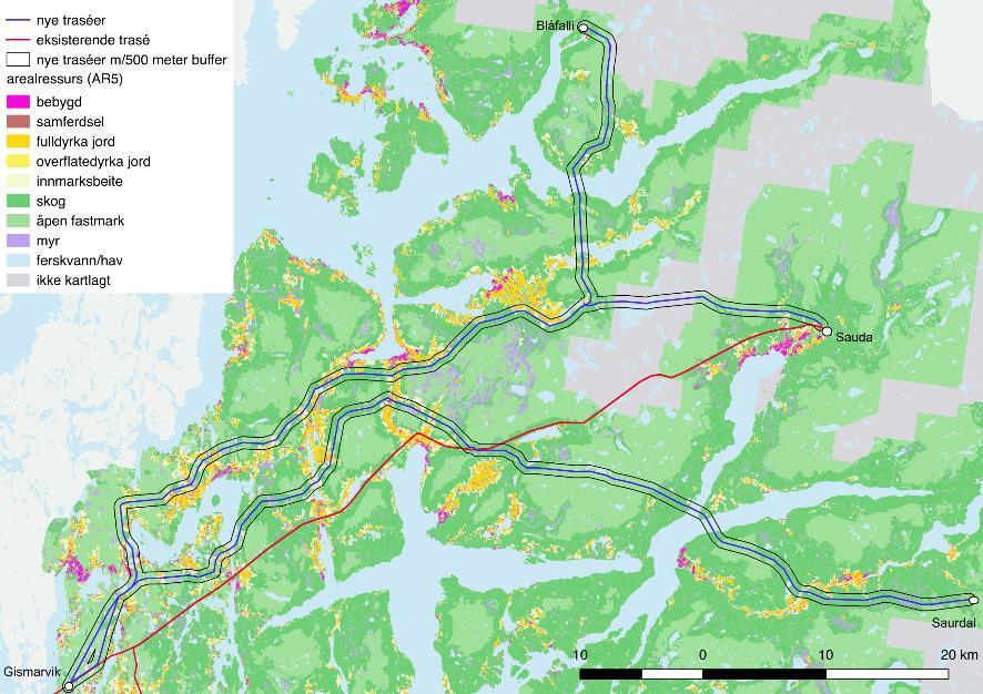 Figur 5.3 Kart over type arealressurser (AR5). Merk at «Ikke kartlagt areal» er definert som "Ikke kartlagte områder er areal som har ukjent beskaffenhet" jfr. AR5 dokumentasjonen (Bjørkelo m.fl.