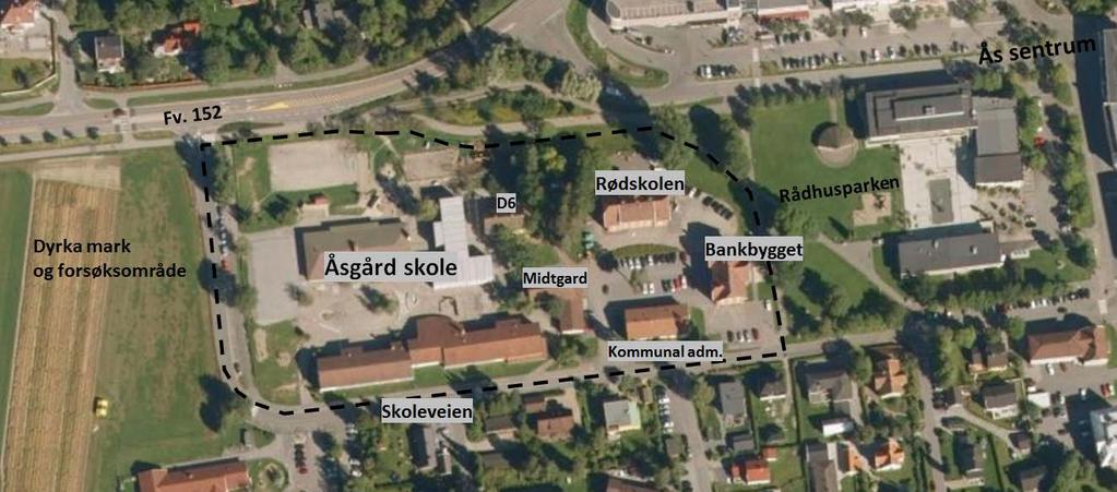 3. Beskrivelse av planområdet Åsgård skole er omkranset av Skoleveien i sør og vest og Fv 152 i nord. Østlig del av planområdet inneholder gamle Åsgård skole.