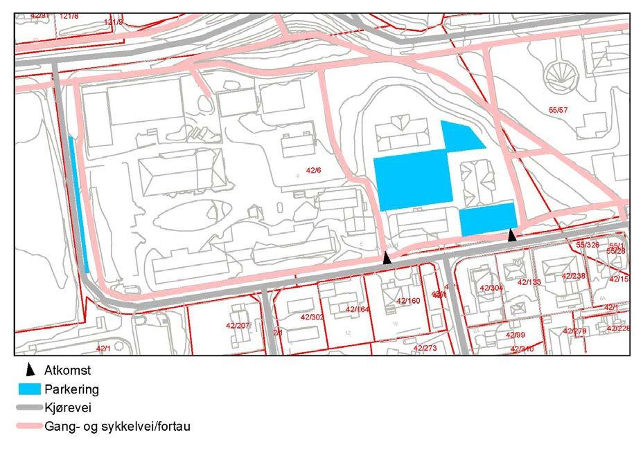 3.4 Trafikkforhold Planområdet har i dag atkomst fra Skoleveien, mellom kommunalt administrasjonsbygg og Midtgard.