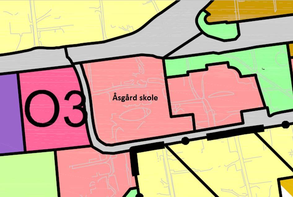 Figur 2 - Utsnitt fra kommuneplanen, aktuelt planområde Vei- og gateplan Ås Planen ble behandlet i HTM 24.08.2017. Flere mål for vei og gate i Ås ble vedtatt.