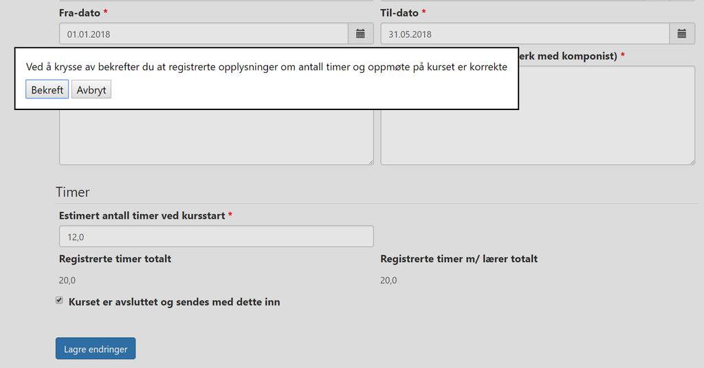 Dersom det er mangler på kurset, så vil du få en feilmelding om dette.