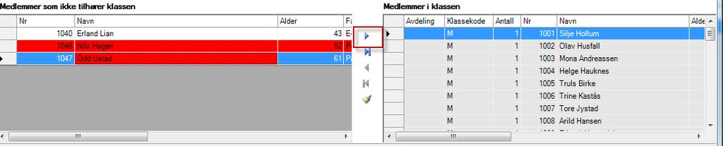 Dette gjør du på siden «Medlem Klasser» Bilde: «MEDLEM Klasser» Vel «Kontingent» som Type og «Alle klasser» som Klasse. De som mangler klassetilhørighet vil vises i den venstre listen.