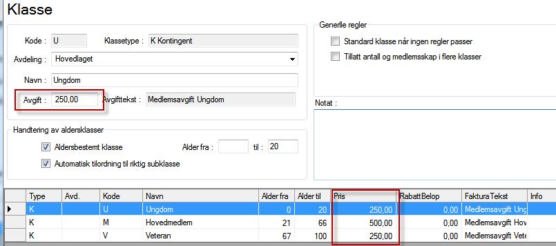 Merk: Du kan også gå til oppsettet via «Fil Innstillinger Medlem Klasser» Knapp for hurtigtilgang til "Fil Innstillinger Medlem Klasser" Bilde: Delaljer på klasser.