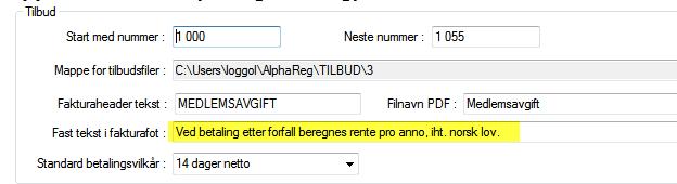 3. Tekst på faktura - fakturafot Tekst som finnes på siden grunndata, benyttes i fakturafoten. Hvor dette faktisk plasseres er litt avhengig av valgt formular.