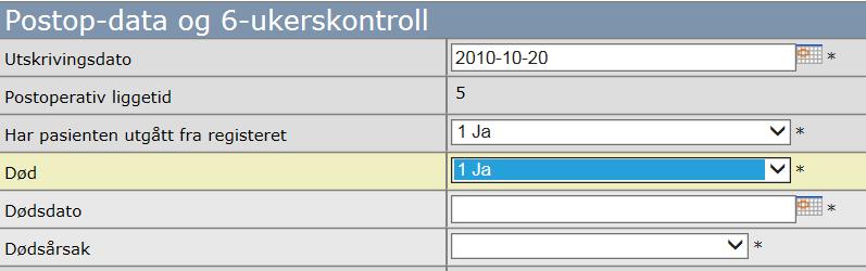 Pasienten er død Om pasienten er død legg ein dette inn i skjema for 6 veker, 1 år, 2 år eller 5 år ut frå på kva tidspunkt