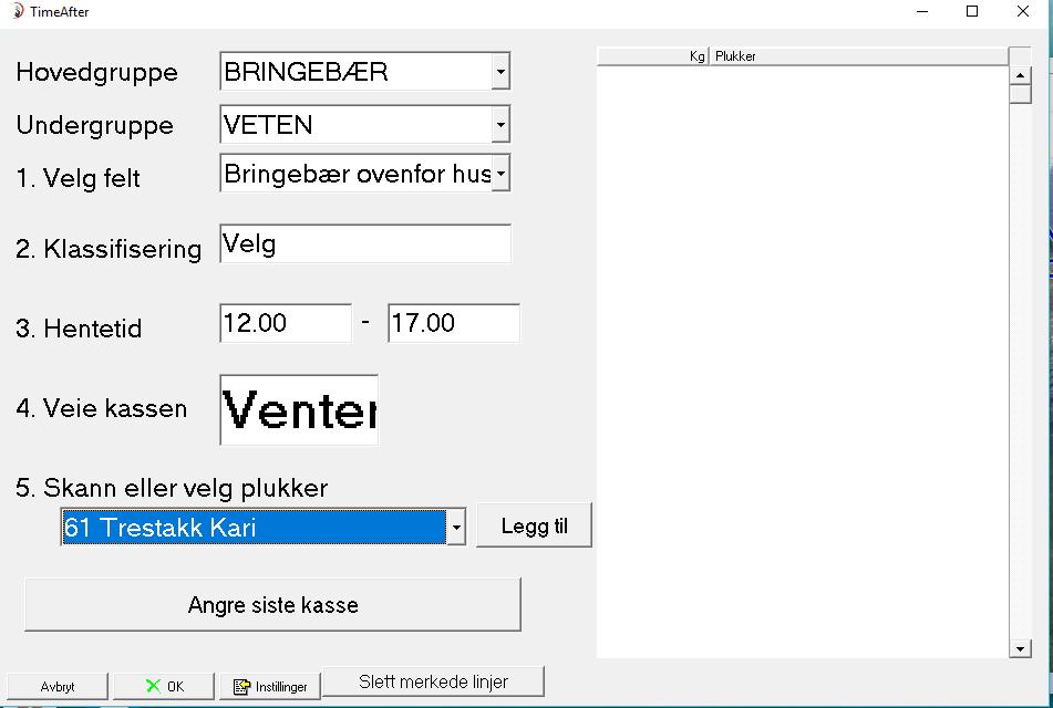 Velg henter/plukker Dagens dato viser: dersom en skal legge inn plukking fra