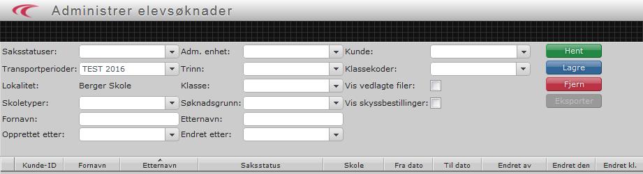 I Transportperiode, velg inneværende skoleår og trykk Hent. En vil da få opp en liste over innsendte søknader. Her finner dere også søknader med saksstatus Ny søknad omtalt under avsnitt 1.