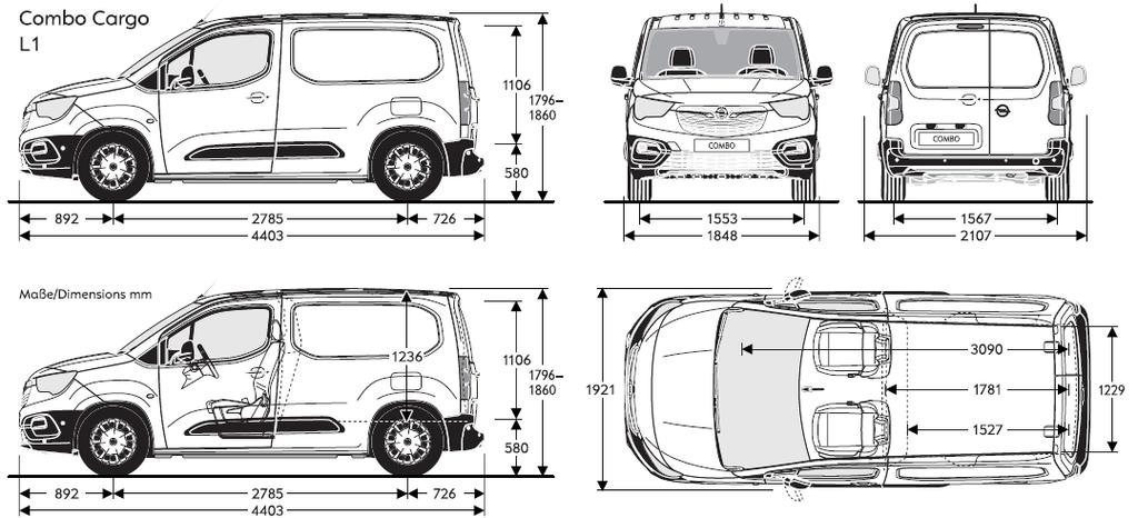 Opel Combo varebil L1H1 Alle mål er i mm Dimensjoner Lengde varerom (mm) Bredde bakdører (mm) Innlastingshøyde (mm) Lastevolum (m 3 ) Vekter 1.5D 76hk 1.5D 102hk S/S 1 781 1 241 580 3,3 1.
