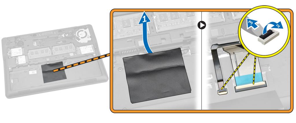 2 Fjern: a b c batteri bunndeksel tastaturramme 3 Utfør følgende trinn, som vist på illustrasjonen: a Fjern klebeteipen for å få tilgang til tastaturkabelen [1].
