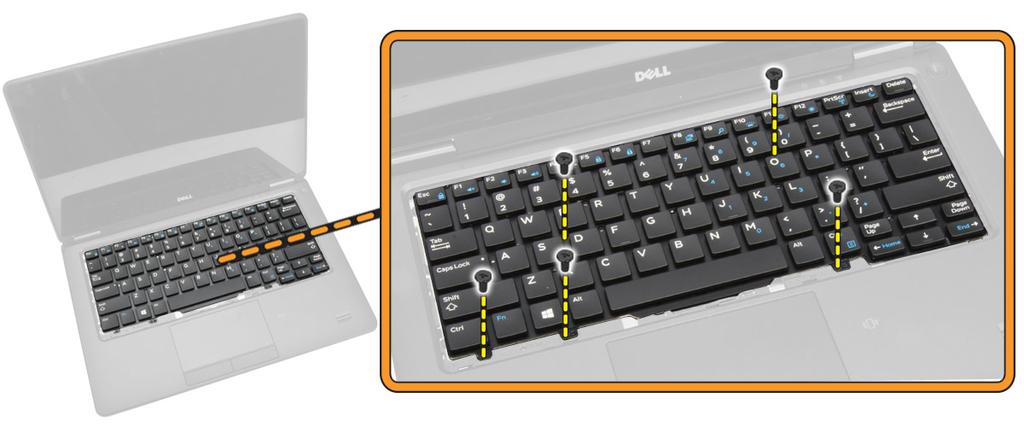 5 Utfør følgende trinn, som vist på illustrasjonen: a Lirk tastaturet for å løsne det fra datamaskinen [ 1]. b Fjern tastaturet fra datamaskinen [2].