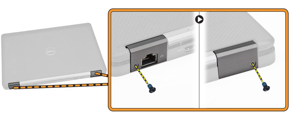 a batteri b bunndeksel c tastaturramme d SSD-kort e håndleddstøtte 3 Skru ut skruene som fester skjermens hengseldeksel til datamaskinen.