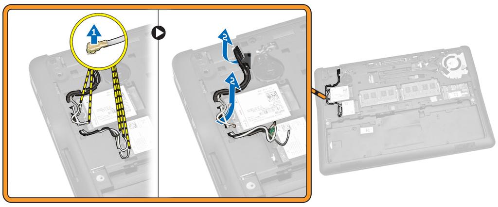 4 Utfør følgende trinn, som vist på illustrasjonen: a Koble WWAN- og WLAN-kablene fra de respektive kontaktene på WWAN- og WLAN-kortene [ 1].