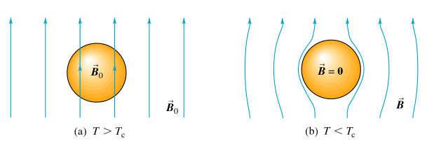 Superledere 2. Magnetfelt trekker ikke inn i superledere, B = μ r μ 0 H = 0 inni.