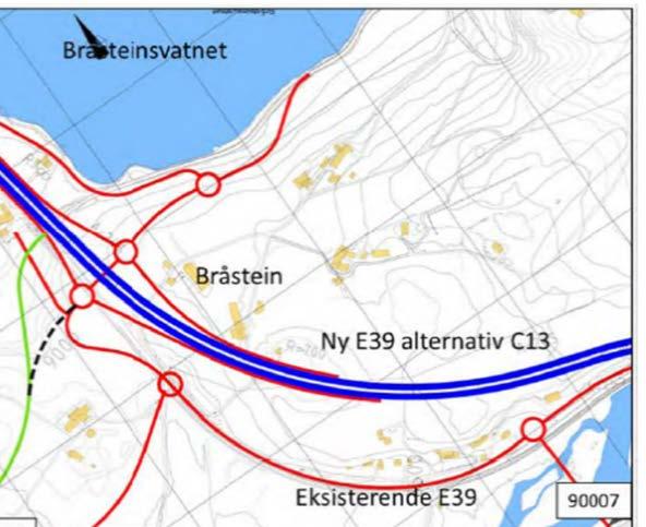 I løpet av sommeren har vi også sett på en ytterligere mulig justering av traséen inn mot Bråstein fra sør som kan gi en enklere kryssløsning, unngå utfylling i