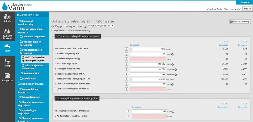 4.2.3 Registrering på distribusjonsnettet (vannverksnivå) Skjema Driftsforstyrrelser og ledningsfornyelse: Antall trykkreduksjonsanlegg, lekkasjereparasjoner på private stikkledninger samt antall