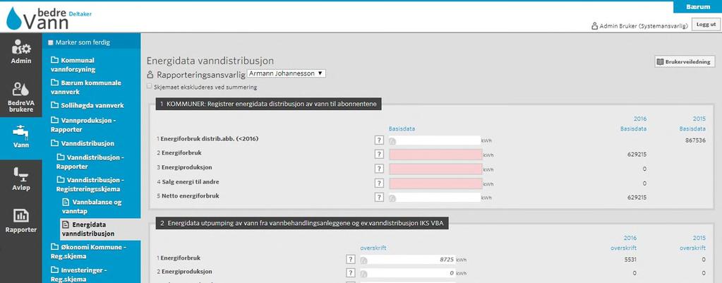 4.3.2 Registrering av energidata vanndistribusjon I dette skjemaet summeres energiforbruk og produksjon