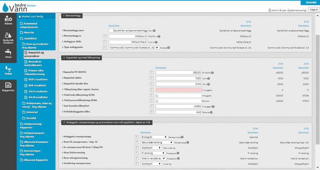 6.2 Rapportering og kvalitetssikring av renseanleggsdata 6.2.1 Kapasitet, krav og resultater 1. Kapasitet og prosesskrav Data til dette skjemaet importeres i hovedsak fra Miljødirektoratet.
