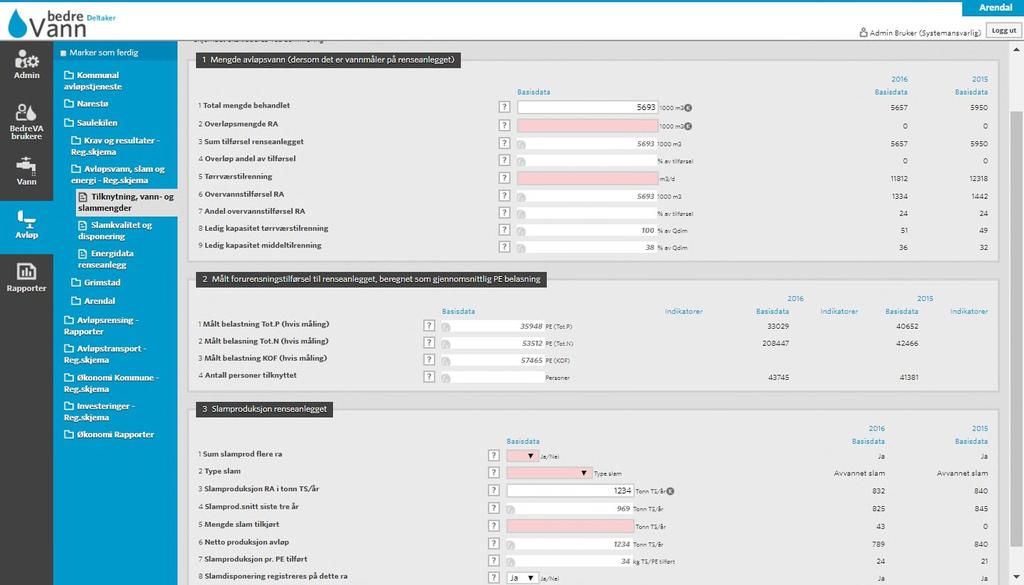 6.2.2 Avløpsvann og slam Data som har vært tilgjengelig i Miljødirektoratets filuttrekk er importert til skjemaet. Alle rosa felt skal fylles ut med tall, inkl. 0.