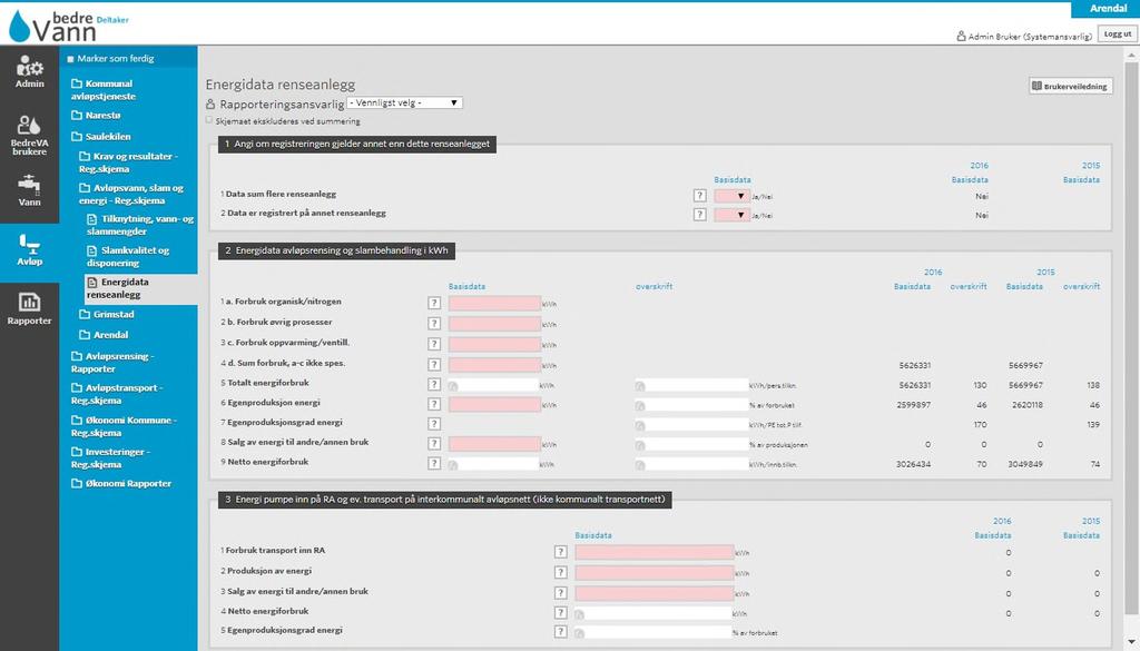 3. Energidata renseanlegg - Nivå 2 For renseanleggets registreres følgende energidata: Total forbruk (totalt eller spesifisert) Produksjon av energi Salg av energi til andre.