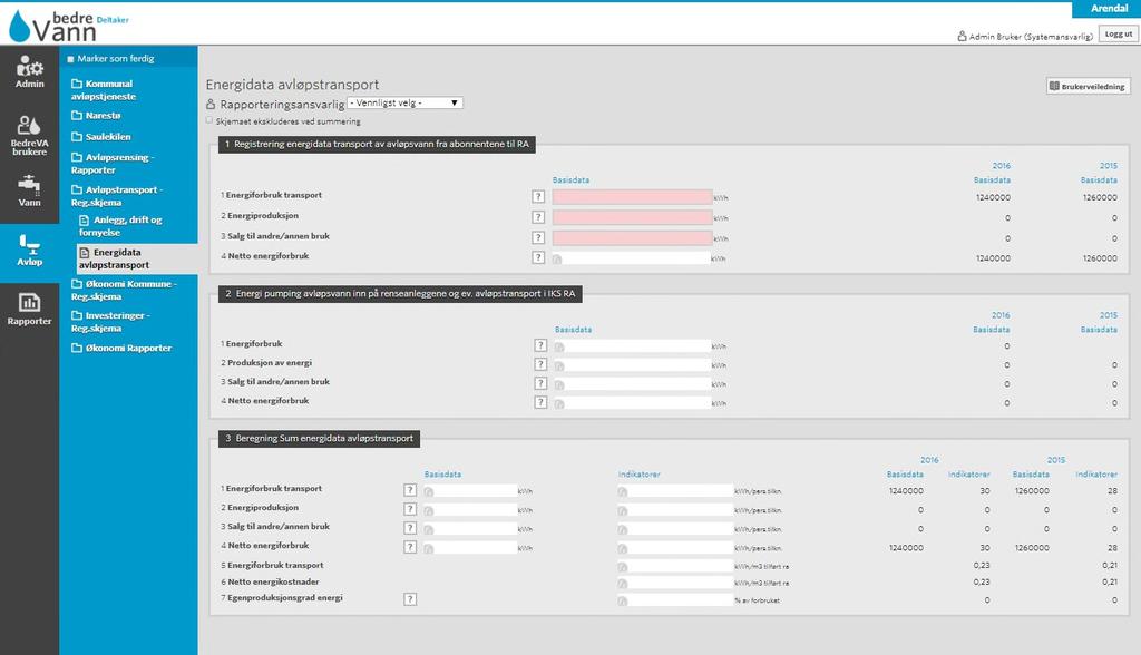 2. Energidata avløpstransport Sum energidata for transport av avløpvann fra abonnentene til renseanlegg registreres i skjemaet her.