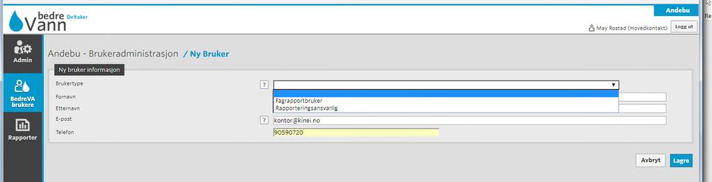 Du må opprette øvrige personer som skal ha tilgang til å lese data og interne rapporter, som krever innlogging. Disse brukerne kalles for «Fagrapportbrukere». Løsningen finner du på www.bedrevann.no.