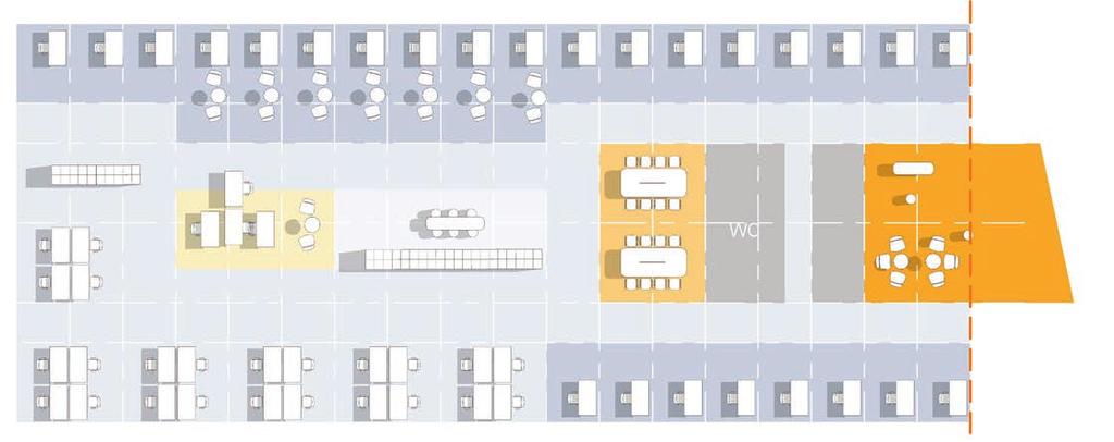 KOMBINASJON 50/50 I en løsning hvor arbeidsstasjonene er likt fordelt i cellekontorer og åpne soner, gis det muligheter for en variasjon i ulike arbeidsrom.