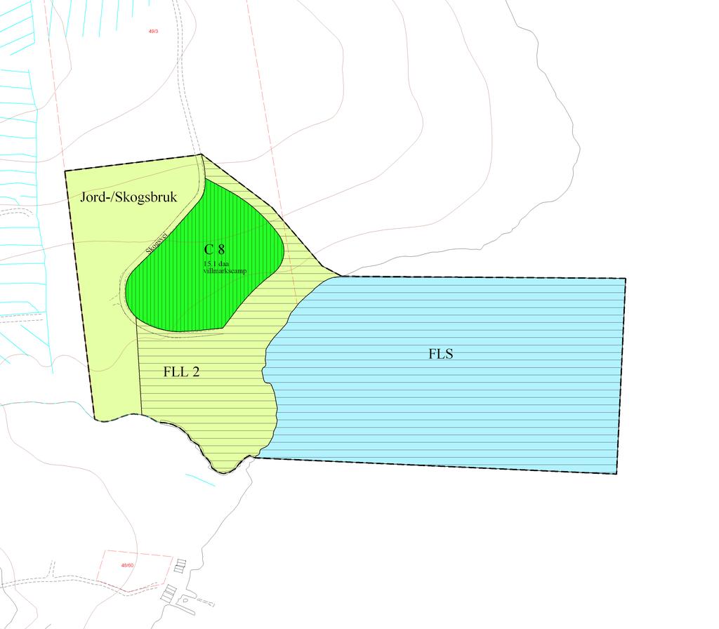 Tegnforklaring: (PBL 25 Reguleringsformål) 1. Landbruksområde Jord- og skogbruk 2. Spesialområder Linjesymboler Campingplass Friluftsomr.