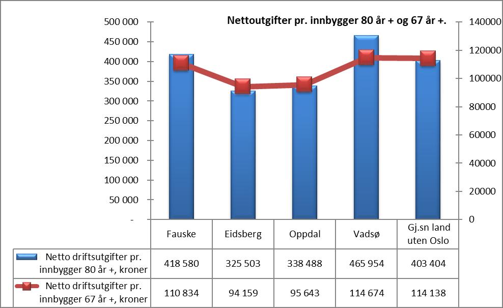 Sammenligner vi netto driftsutgifter pr innbygger 67+ og 80+ får vi følgende bilde: Fauske kommune bruker kr 418 580 pr innbygger i gruppen 80+ som er nest høyest i utvalget.