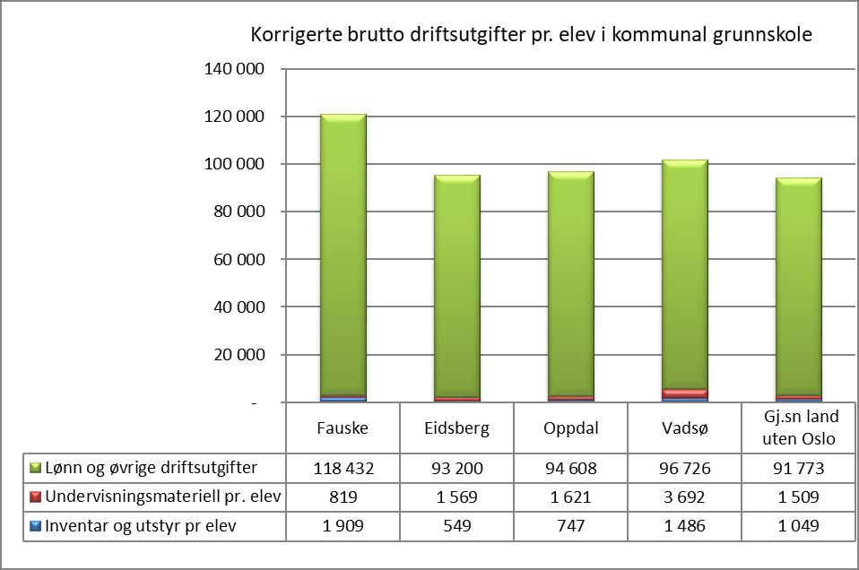 Driftsutgiftene til grunnskole pr elev i kommunale grunnskoler fordeles i KOSTRA på områdene lønn og øvrige driftsutgifter, undervisningsmateriell og inventar og utstyr.