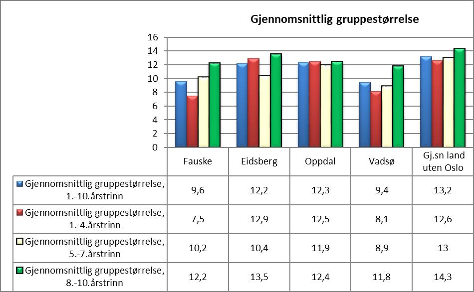 For barne- og ungdomstrinnet samlet viser denne indikatoren at Fauske har et gjennomsnitt på 9,6 elever pr gruppe, noe som er nest lavest i utvalget. Høyest er Oppdal med 12,3 elever pr gruppe.