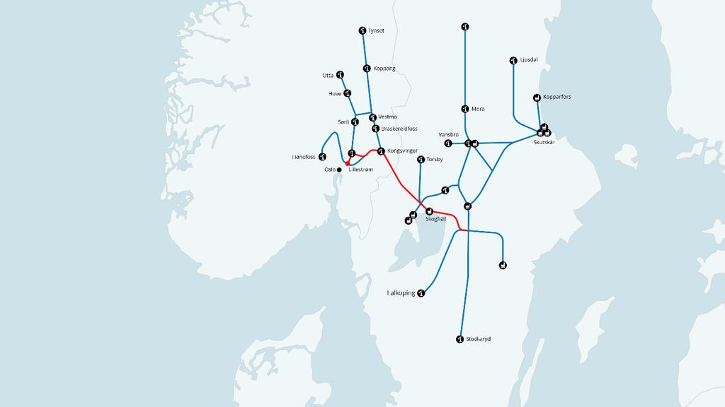 Figur 16: Transprtsystemet med tg fr råstff til Stra Enss fabrikker i Sverige (Stra Ens).