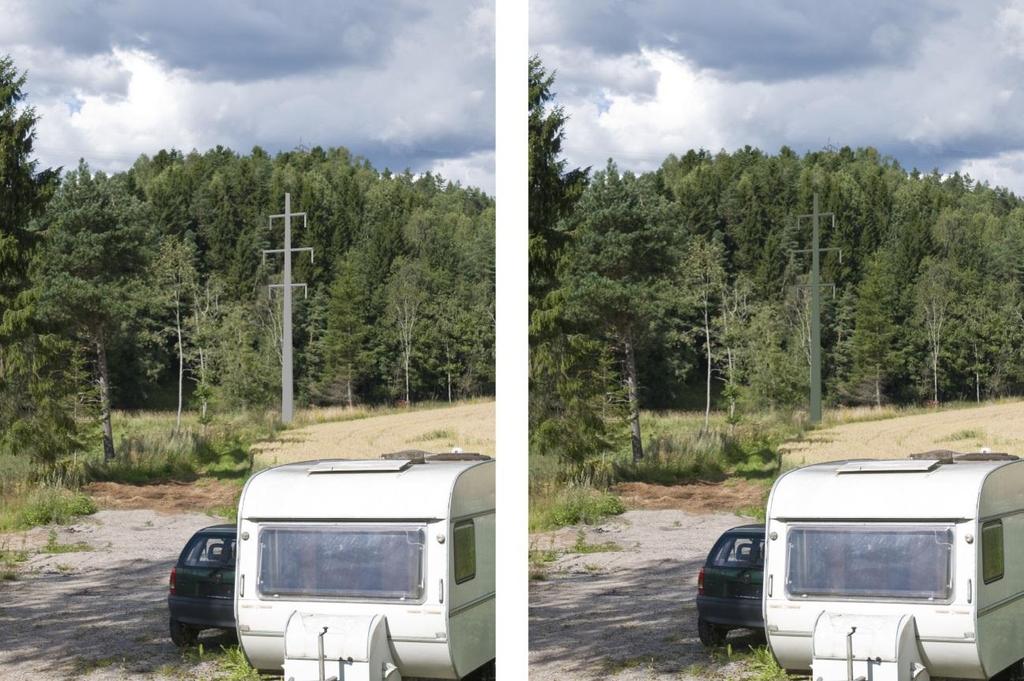 Figur 36. Samme fargevalg på mastene som i foregående illustrasjon, men med skogbakgrunn. Den lyse masten danner en tydelig kontrast, mens den mørke masten nesten forsvinner mot bakgrunnen. 7.
