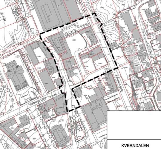5 (11) Varslet planavgrensning 2.2 Beskrivelse av planområdet Planområdet er lokalisert i Skien sentrum, mellom Kongens gate og Kverndalsgata. Holbergs gate avgrenser området i sør.