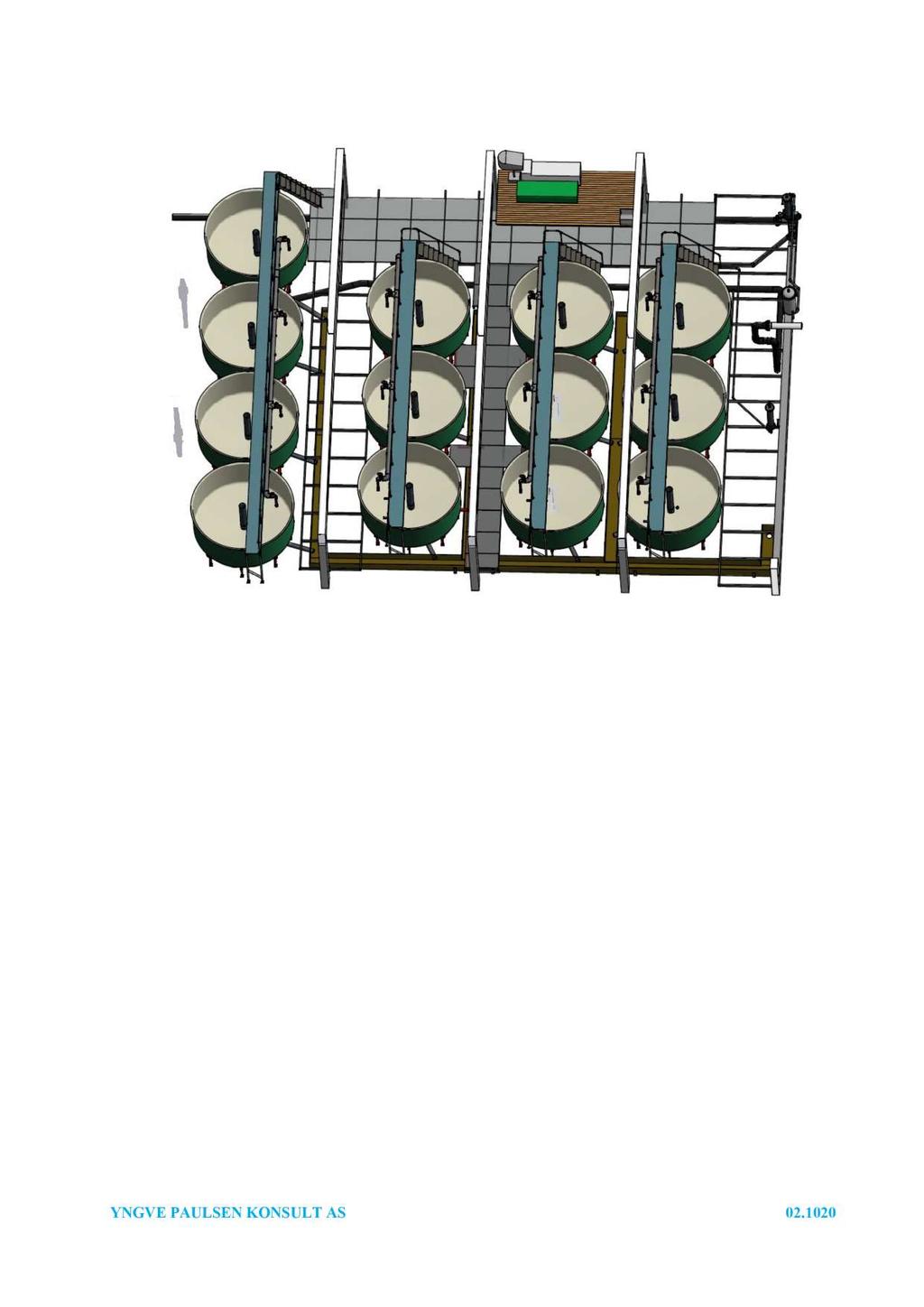 5.1 Klekke og startfôringsavdeling Figur 5. Klekke startfôringsavdeling A vdeling en har 1 3 stk. kar med diameter 4 meter. Karv olum er 17 m 3, totalt volum 221 m 3.