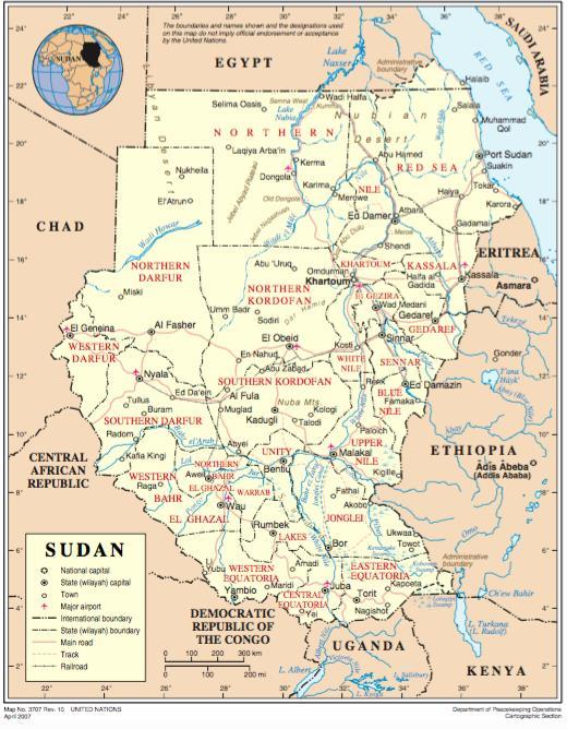 Figur 1: Kart over Sudan og Sør-Sudan Kilde: (United Nations 2007) 2.