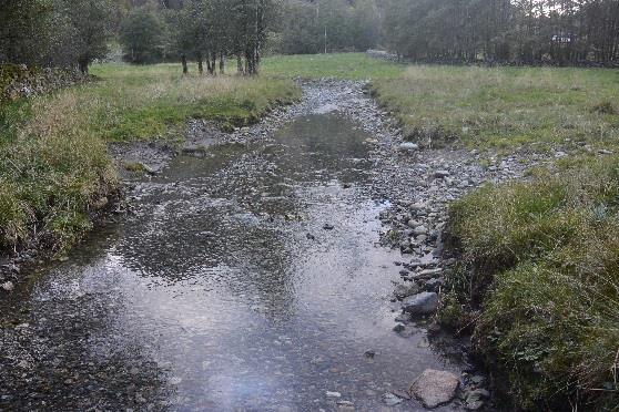 Derfra og nedstrøms er den landbrukspåvirket og elveløpet er lagt om, gravd, kanalisert og steinsatt. Det er beitemark helt inntil bekken.