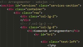 Figur 35: HTML-kode før PHP-kode i seksjonen for kommende arrangementer (index.