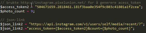 Deretter var neste steg å initialisere de variable som man behøver. access_token er der man legger inn sin egen Instagram API access token.