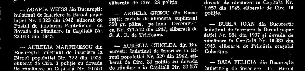 783 din 1942, eliberat de Cire 18 politie cu dovada de ramânere in CapitalE Nr. 15.893 din 1945. BUCUR ANA din Bucureqti: cartela cu puncte Nr. 60.
