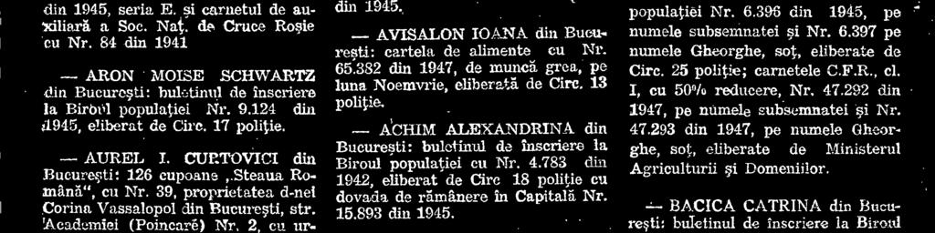 17 din 1945, eliberat de ire, 15 politiet, 18 De3enwrie 194 1 BERBEC NICULAE din Bucuresti: buletinul de inscriere la Biroul poptiatiei Nr.