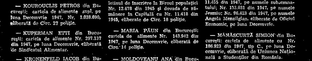 318 din 1945, eliberatä de Prefecture Politiei Capitalei. - MIHALACHE NICOLAE din Bucuresti: buletinul de Inscriere la Bhoul populatiei Nr. 3.