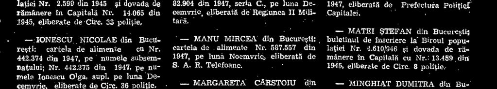 , pe luna Deeemvrie, eliberatä de Regiunea II Militar/ MANU MIRCEA din Bucuresti: cartela de alimente Nr. 587.