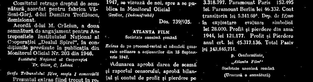 ATLANTA FILM Societate anonimit rgmuitä al adunlirii gone. rule ordinare a aetionarilor din 15 Soptent vrio 1947.