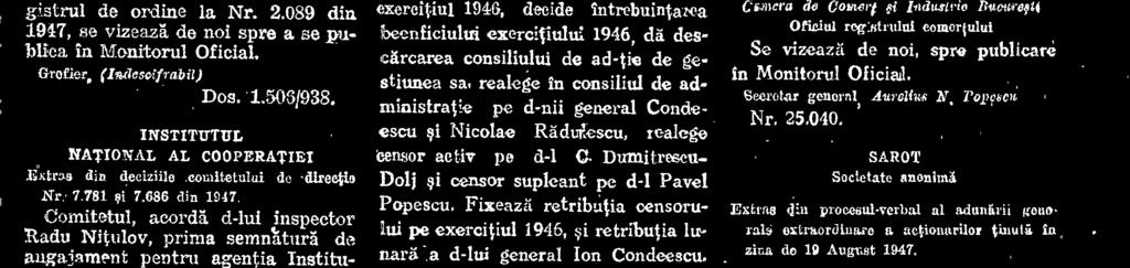 Fixeaza retribtitia censorului pe exercitiul 1946, si retributia lua narä a d-lui general Ion Condeescu. Preedinto, Genera I.
